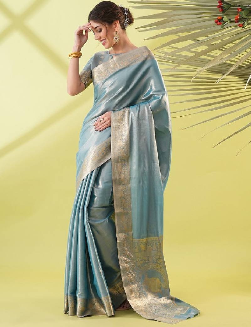Turquoise blue embellished sarees