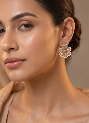 Gold plated brown kundan pearl floral ethnic wedding jewellery stud earring for women & girls 1