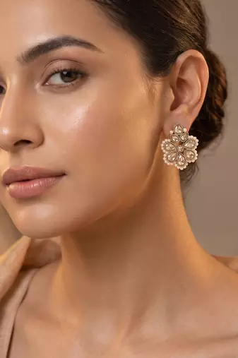 Gold plated brown kundan pearl floral ethnic wedding jewellery stud earring for women & girls