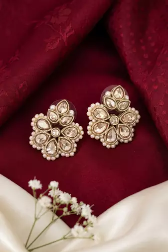 Gold plated brown kundan pearl floral ethnic wedding jewellery stud earring for women & girls