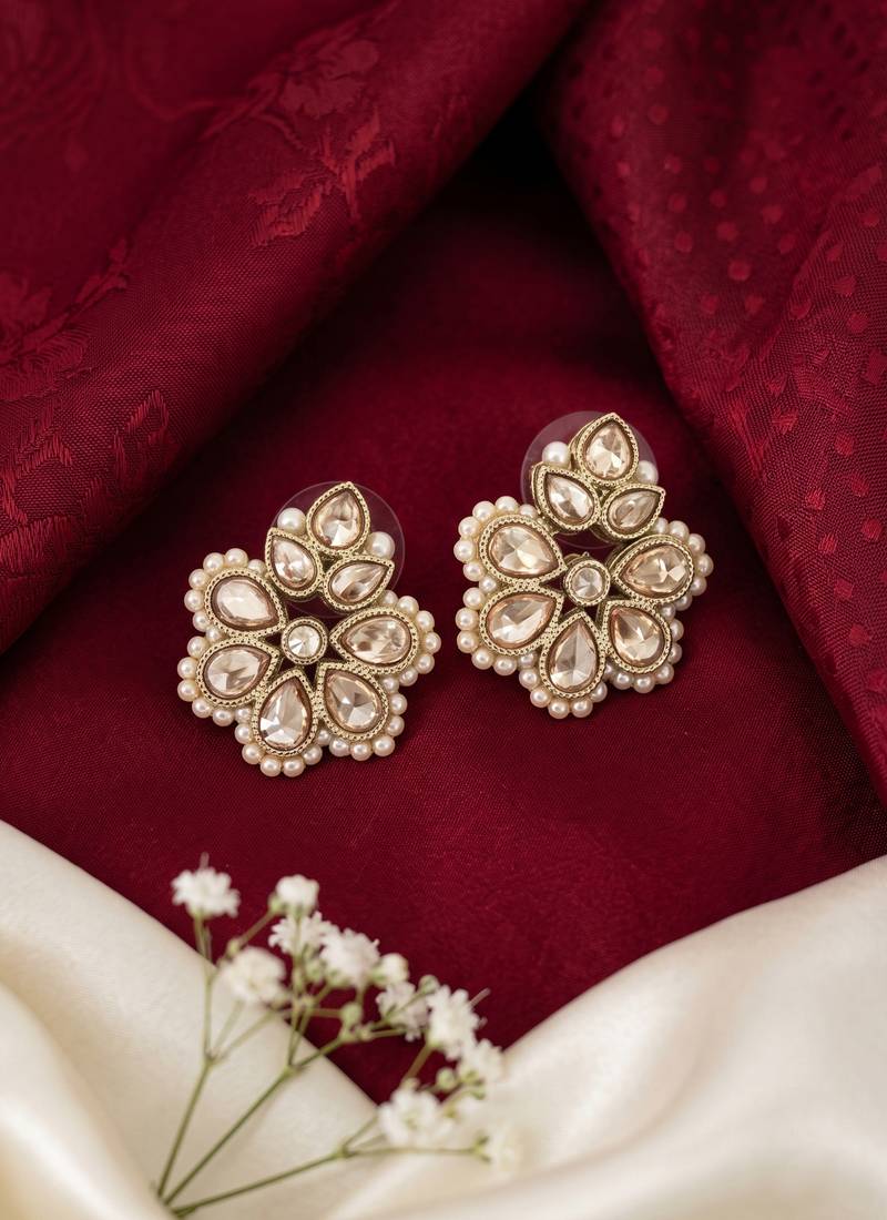 Gold plated brown kundan pearl floral ethnic wedding jewellery stud earring for women & girls
