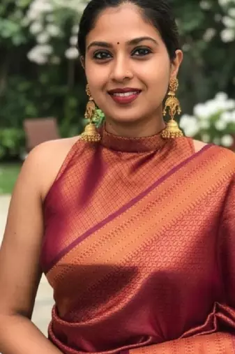 Maroon zari woven silk blend ready to wear saree - petite