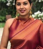 Maroon zari woven silk blend ready to wear saree - petite