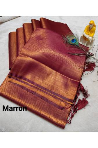 Maroon zari woven silk blend ready to wear saree - petite