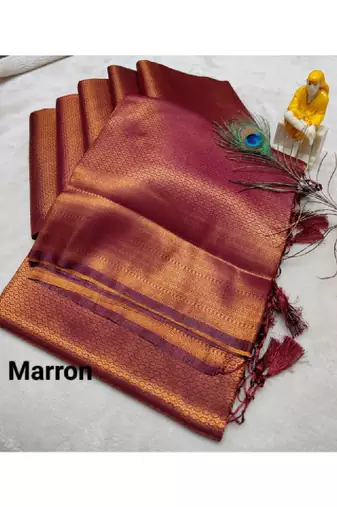 Maroon zari woven silk blend ready to wear saree - petite