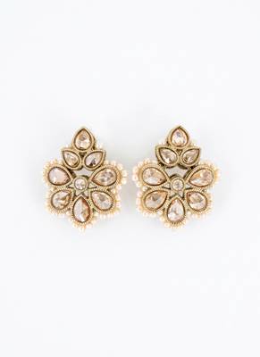 Gold plated brown kundan pearl floral ethnic wedding jewellery stud earring for women & girls 3