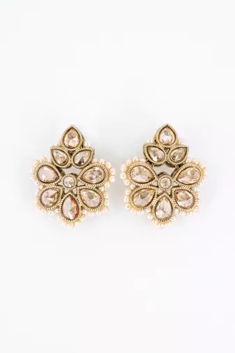 Gold plated brown kundan pearl floral ethnic wedding jewellery stud earring for women & girls