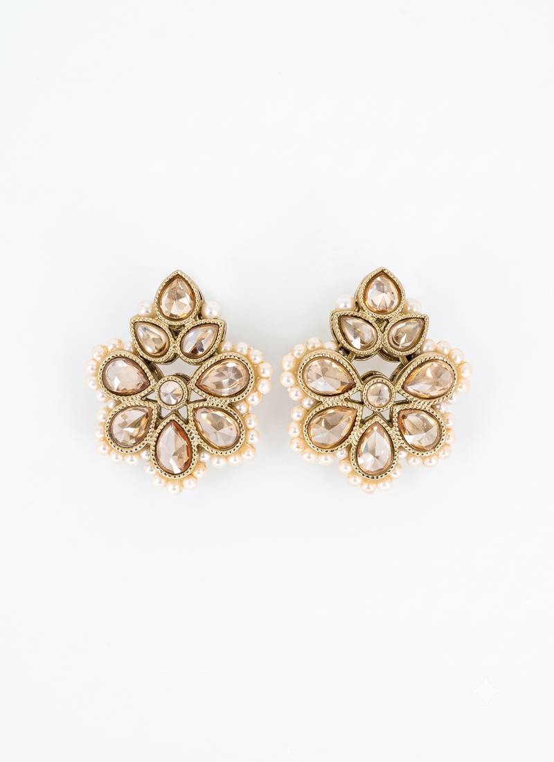 Gold plated brown kundan pearl floral ethnic wedding jewellery stud earring for women & girls