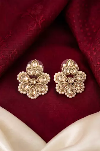 Gold plated brown kundan pearl floral ethnic wedding jewellery stud earring for women & girls
