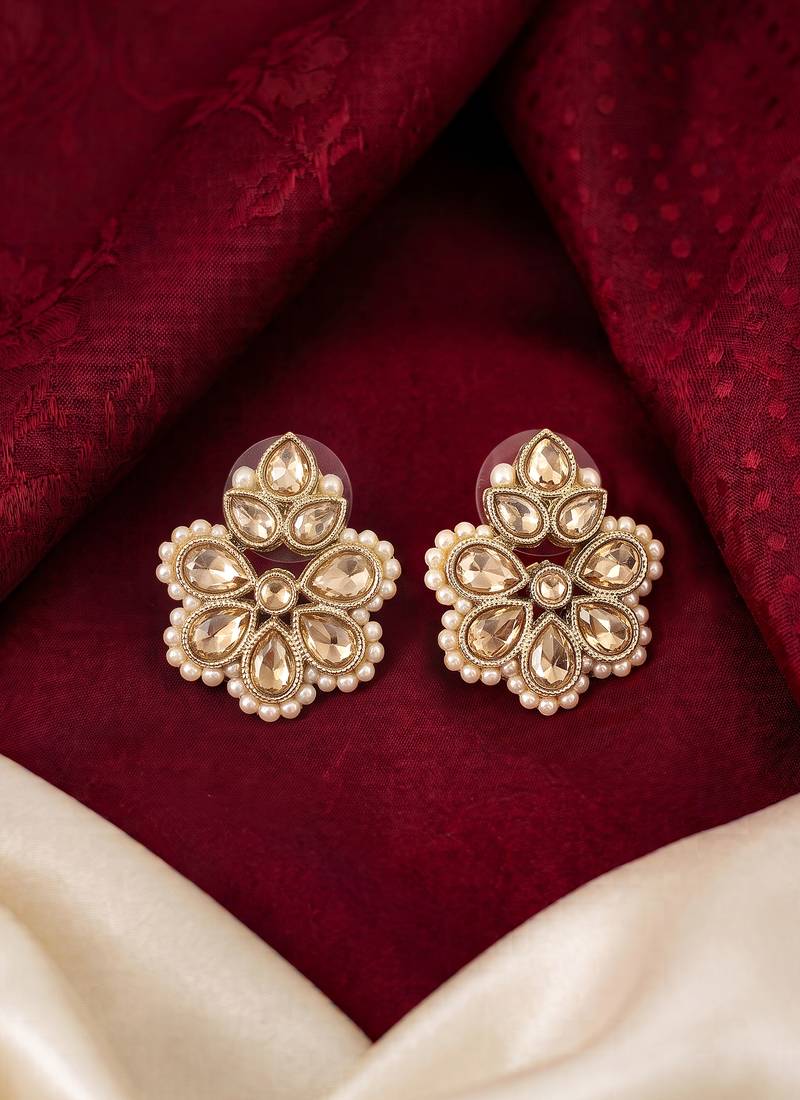 Gold plated brown kundan pearl floral ethnic wedding jewellery stud earring for women & girls