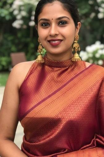 Maroon zari woven silk blend ready to wear saree - short