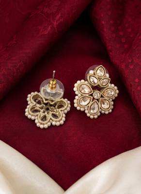 Gold plated brown kundan pearl floral ethnic wedding jewellery stud earring for women & girls 5