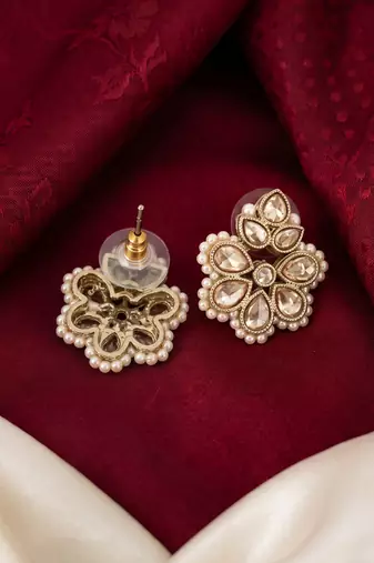 Gold plated brown kundan pearl floral ethnic wedding jewellery stud earring for women & girls