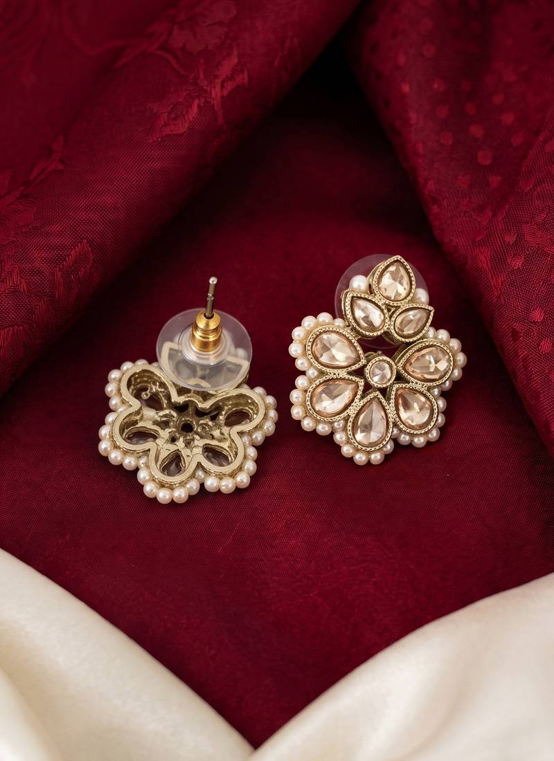 Gold plated brown kundan pearl floral ethnic wedding jewellery stud earring for women & girls