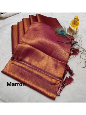 Maroon zari woven silk blend ready to wear saree - short 2