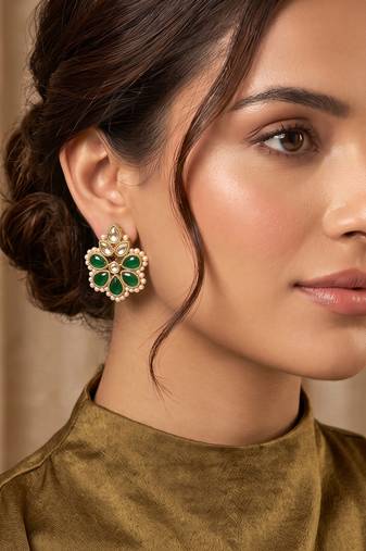 Gold plated green kundan pearl floral ethnic wedding jewellery stud earring for women & girls