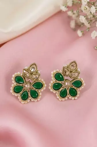 Gold plated green kundan pearl floral ethnic wedding jewellery stud earring for women & girls