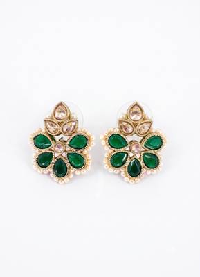 Gold plated green kundan pearl floral ethnic wedding jewellery stud earring for women & girls 3