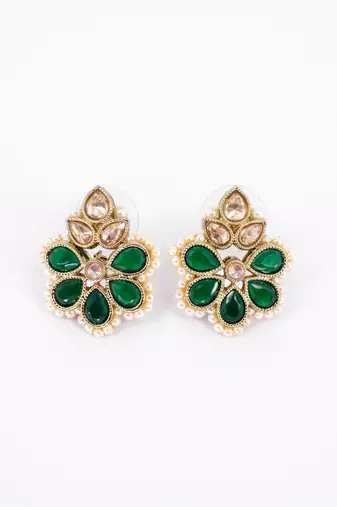Gold plated green kundan pearl floral ethnic wedding jewellery stud earring for women & girls