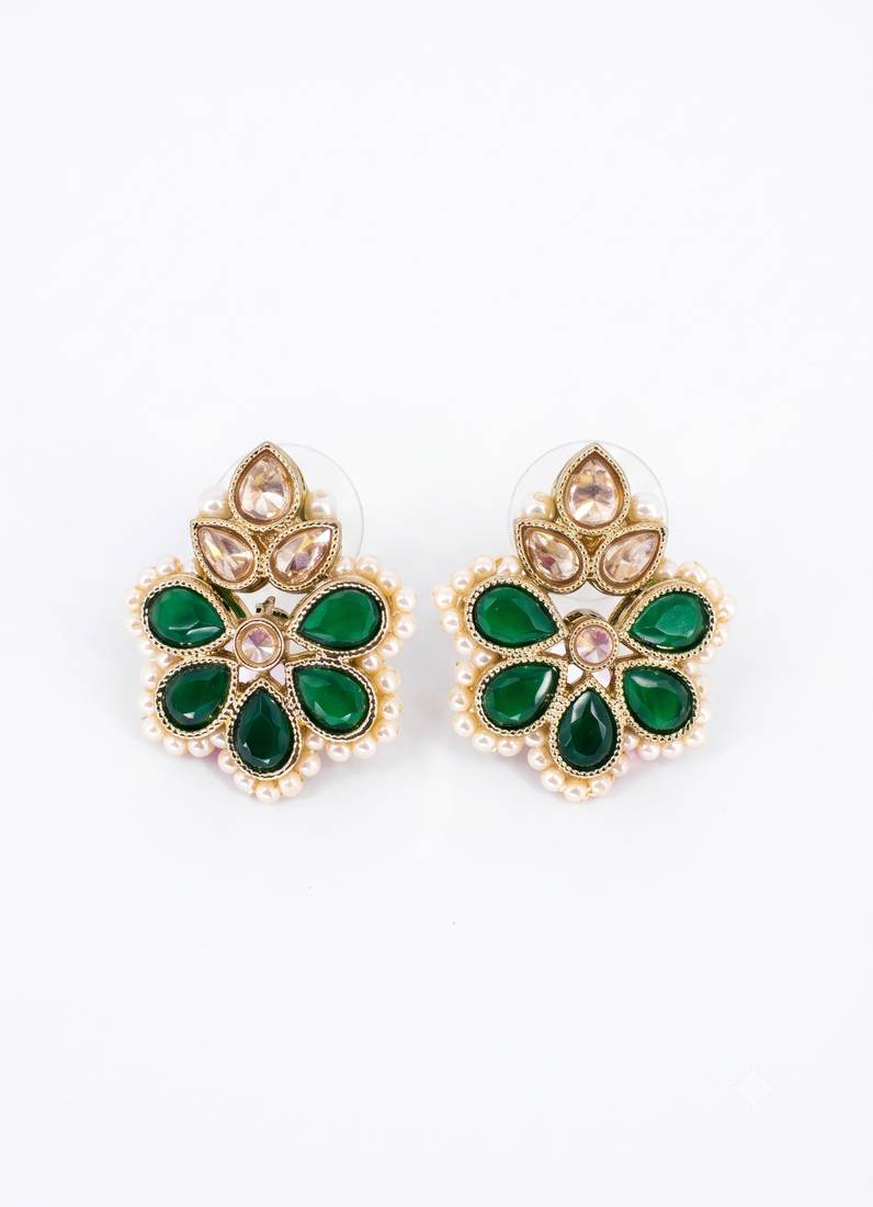 Gold plated green kundan pearl floral ethnic wedding jewellery stud earring for women & girls