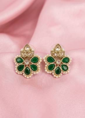 Gold plated green kundan pearl floral ethnic wedding jewellery stud earring for women & girls 4