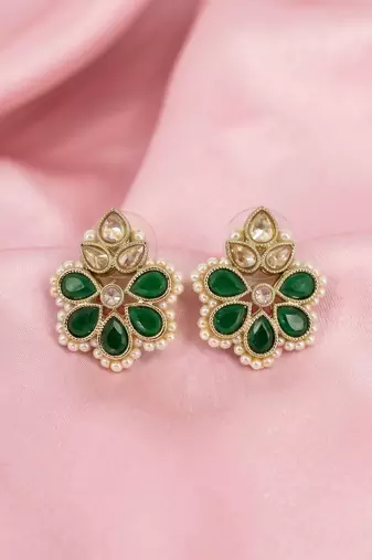 Gold plated green kundan pearl floral ethnic wedding jewellery stud earring for women & girls