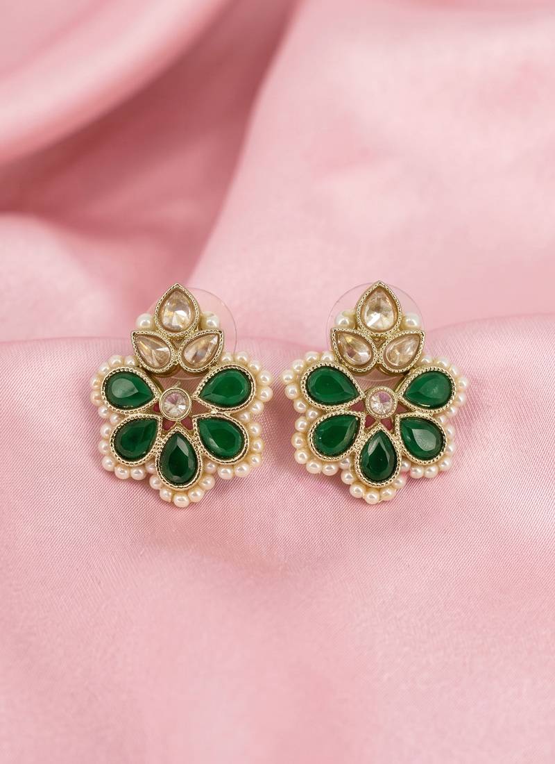 Gold plated green kundan pearl floral ethnic wedding jewellery stud earring for women & girls