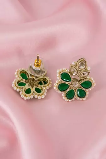 Gold plated green kundan pearl floral ethnic wedding jewellery stud earring for women & girls