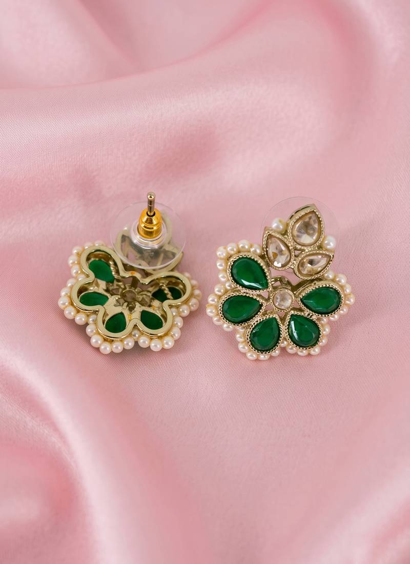 Gold plated green kundan pearl floral ethnic wedding jewellery stud earring for women & girls