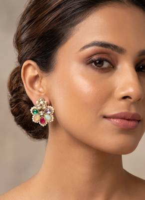 Gold plated multi kundan pearl floral ethnic wedding jewellery stud earring for women & girls 1