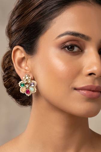 Gold plated multi kundan pearl floral ethnic wedding jewellery stud earring for women & girls