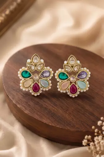 Gold plated multi kundan pearl floral ethnic wedding jewellery stud earring for women & girls