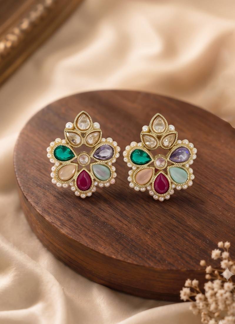 Gold plated multi kundan pearl floral ethnic wedding jewellery stud earring for women & girls