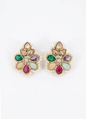 Gold plated multi kundan pearl floral ethnic wedding jewellery stud earring for women & girls 3