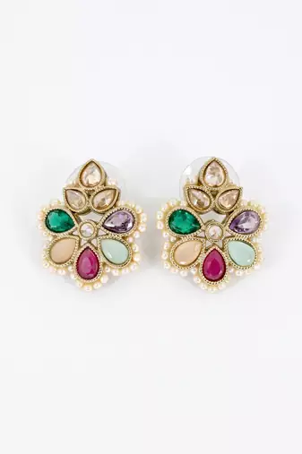 Gold plated multi kundan pearl floral ethnic wedding jewellery stud earring for women & girls