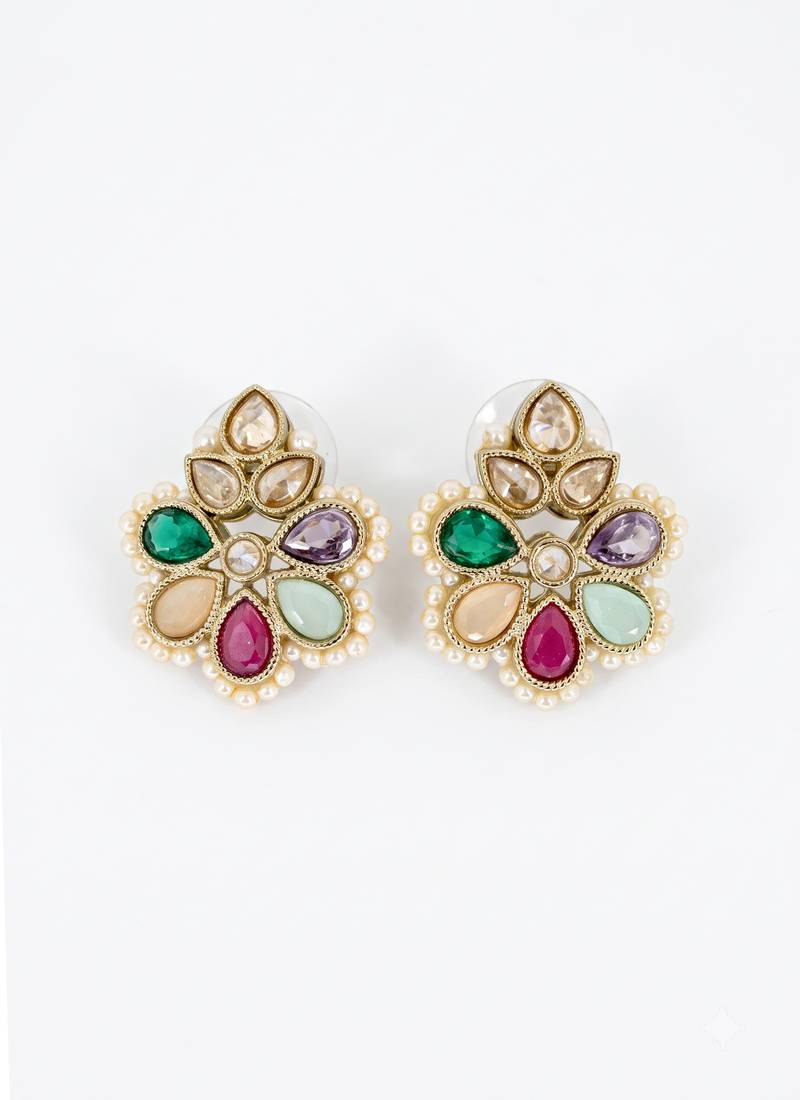 Gold plated multi kundan pearl floral ethnic wedding jewellery stud earring for women & girls