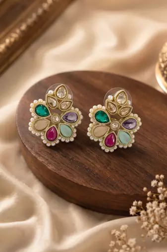 Gold plated multi kundan pearl floral ethnic wedding jewellery stud earring for women & girls