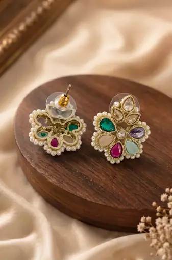 Gold plated multi kundan pearl floral ethnic wedding jewellery stud earring for women & girls