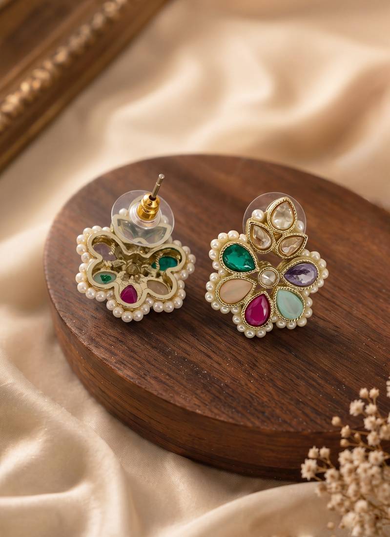 Gold plated multi kundan pearl floral ethnic wedding jewellery stud earring for women & girls