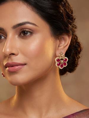 Gold plated ruby kundan pearl floral ethnic wedding jewellery stud earring for women & girls 1