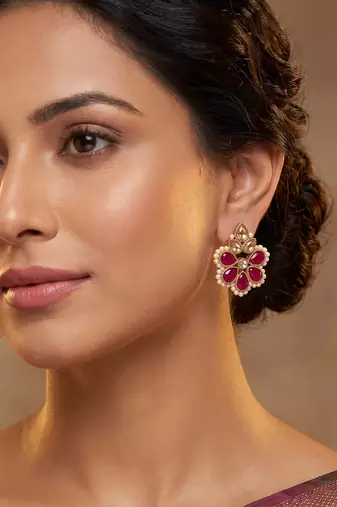 Gold plated ruby kundan pearl floral ethnic wedding jewellery stud earring for women & girls
