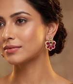 Gold plated ruby kundan pearl floral ethnic wedding jewellery stud earring for women & girls