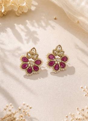 Gold plated ruby kundan pearl floral ethnic wedding jewellery stud earring for women & girls 2