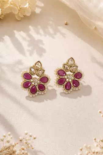 Gold plated ruby kundan pearl floral ethnic wedding jewellery stud earring for women & girls