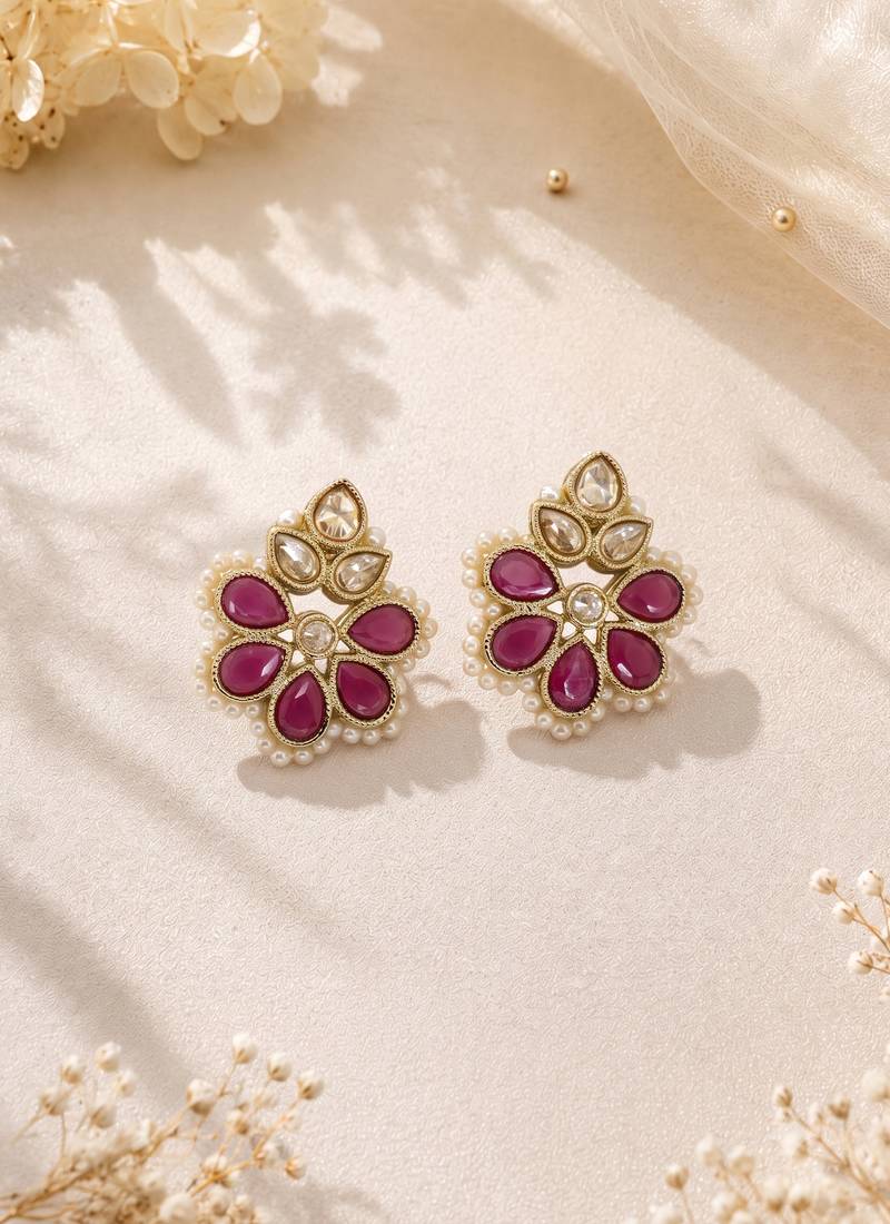 Gold plated ruby kundan pearl floral ethnic wedding jewellery stud earring for women & girls