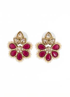 Gold plated ruby kundan pearl floral ethnic wedding jewellery stud earring for women & girls 3