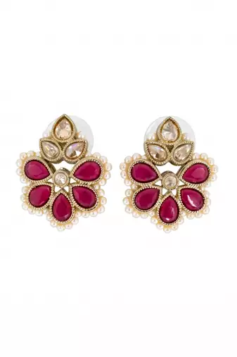 Gold plated ruby kundan pearl floral ethnic wedding jewellery stud earring for women & girls