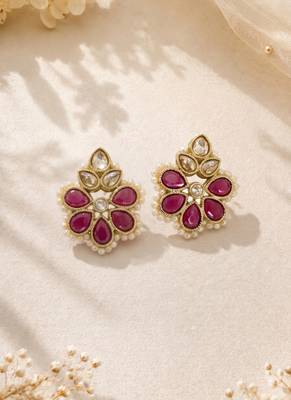 Gold plated ruby kundan pearl floral ethnic wedding jewellery stud earring for women & girls 4