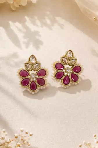 Gold plated ruby kundan pearl floral ethnic wedding jewellery stud earring for women & girls