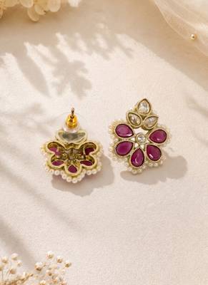 Gold plated ruby kundan pearl floral ethnic wedding jewellery stud earring for women & girls 5